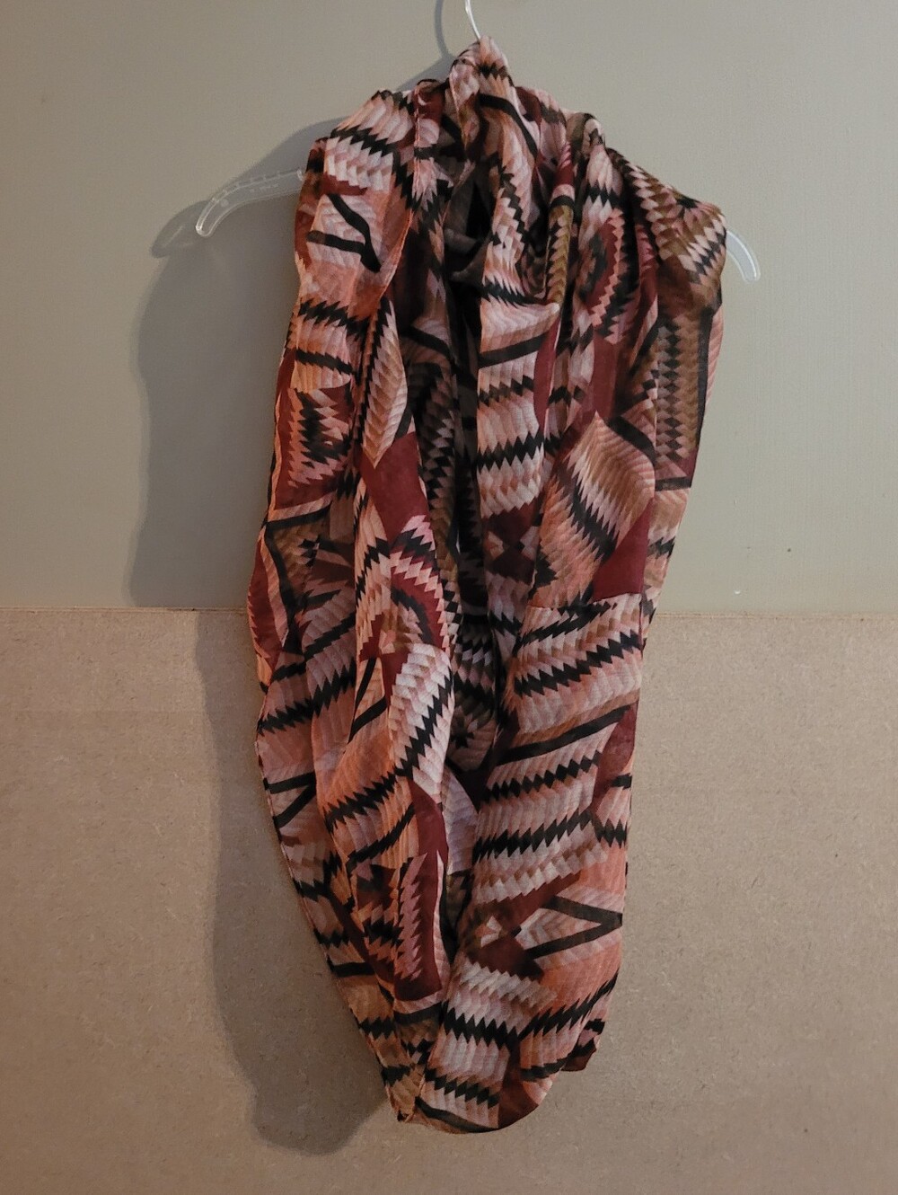 Geometric Pattern Infinity Scarf in Rust and Cream - Picture 2 of 2